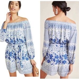 By Anthropologie Clemente blue floral off shoulder short romper size XS